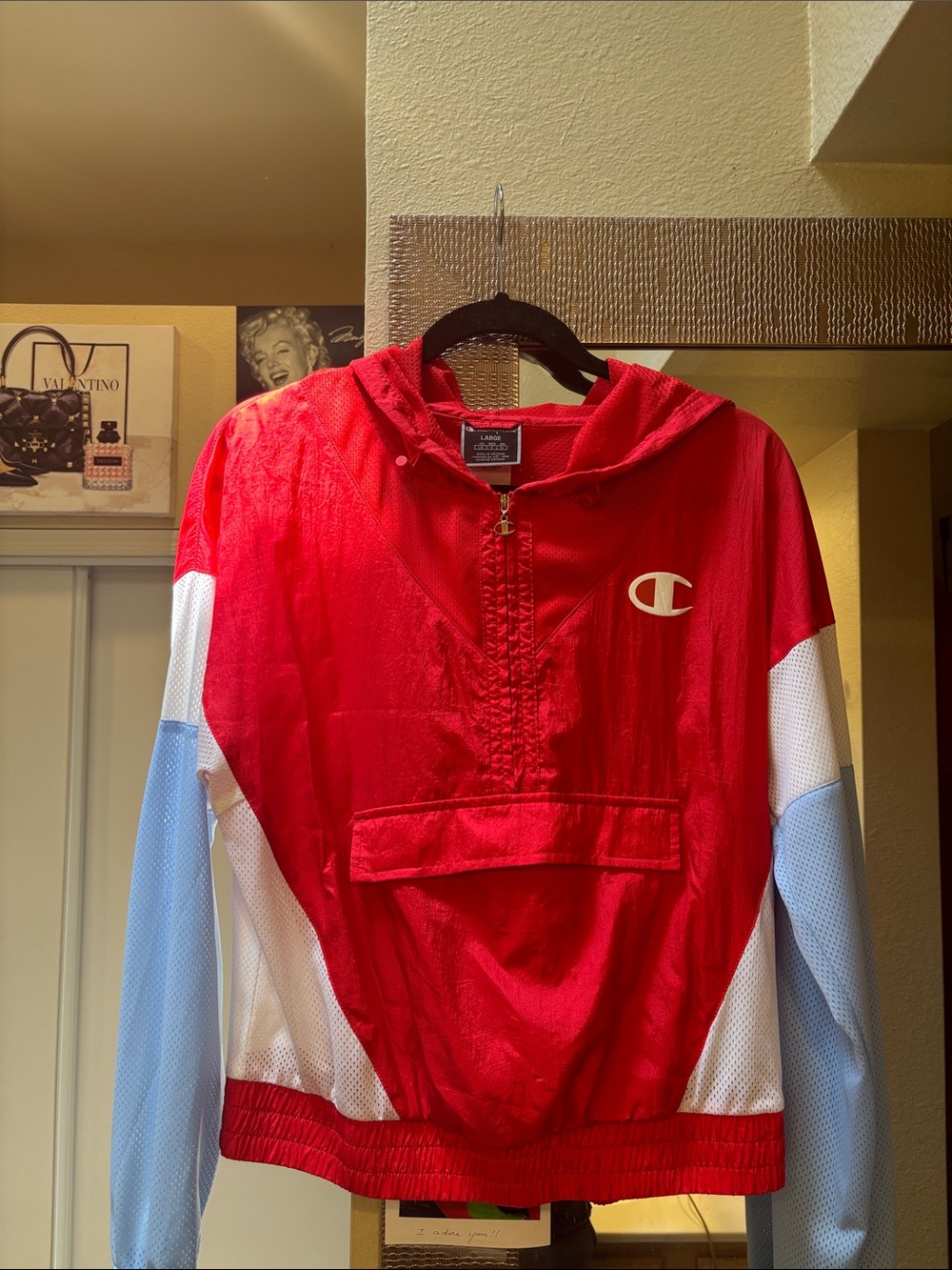Champion Red Pullover Jacket with Light Blue & White Sleeves